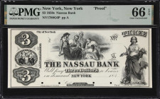 New York, New York. Nassau Bank. 185x $3. NY-1780 G6. PMG Gem Uncirculated 66 EPQ. Proof.

Plate A. Four POC's along the signature panels. Printed o...