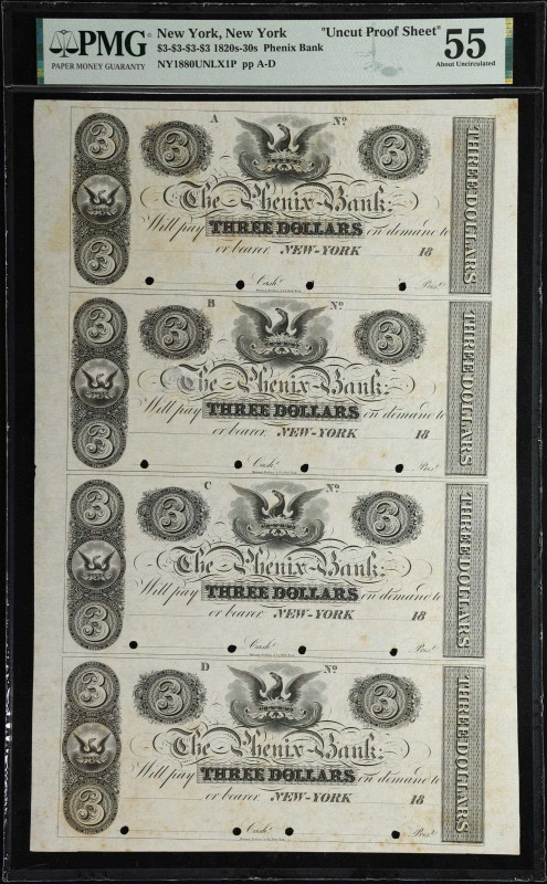 Uncut Sheet of (4) New York, New York. Phenix Bank. 18XX $3. PMG About Uncircula...