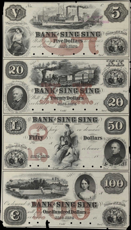 Uncut Sheet of (4) Sing Sing, New York. Bank of Sing Sing. 18xx $5-$20-$50-$100....