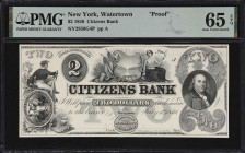 Watertown, New York. Citizens Bank. 1850 $2. Haxby 2850-002-G4. PMG Gem Uncirculated 65 EPQ. Proof.

A gorgeous India paper proof mounted on origina...