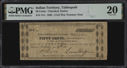 Tahlequah, Oklahoma. Cherokee Nation. 1862. 50 Cents. PMG Very Fine 20.

(Criswell CHR N-1, Burgett 5) June 11, 1862. A lovely 50 cent note from thi...