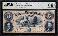 Philadelphia, Pennsylvania. Bank of Pennsylvania. 18xx $5. PA-480 G172d. PMG Gem Uncirculated 66 EPQ. Proof.

Plate B. Four POC's. Proof. Printed on...