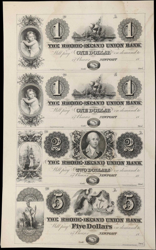 Uncut Sheet of (4) Newport, Rhode Island. Rhode-Island Union Bank. 18xx $1-$1-$2...