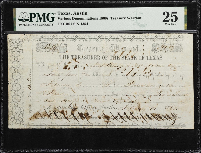 Austin, Texas. Treasury Warrant. 1860s $44.60. PMG Very Fine 25. Sam Houston Sig...