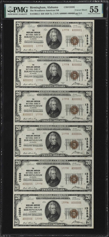 Uncut Sheet of (6) Birmingham, Alabama. $20 1929 Ty. 2. Fr. 1802-2. The Woodlawn...