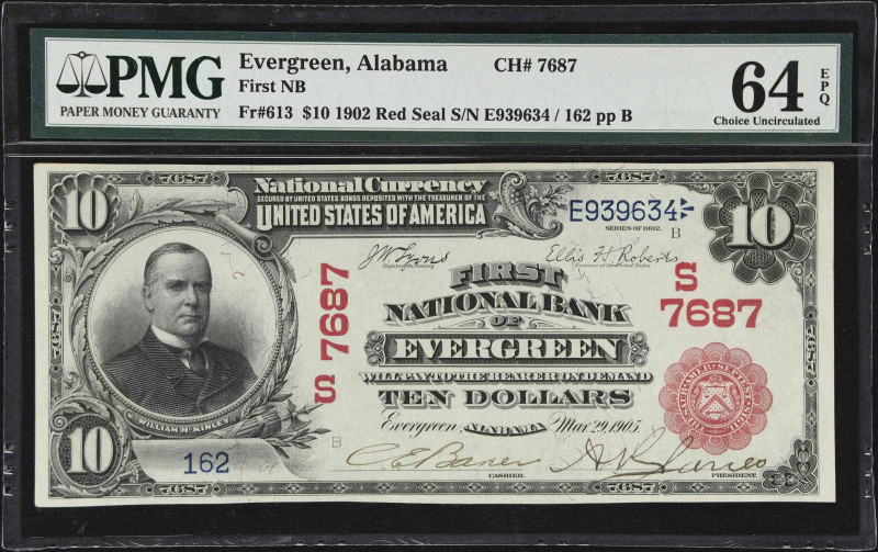 Evergreen, Alabama. $10 1902 Red Seal. Fr. 613. First NB. Charter #7687. PMG Cho...