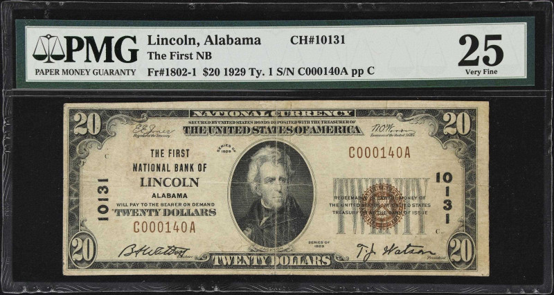 Lincoln, Alabama. $20 1929 Ty. 1. Fr. 1802-1. The First NB. Charter #10131. PMG ...