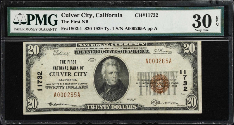 Culver City, California. $20 1929 Ty. 1. Fr. 1802-1. The First NB. Charter #1173...