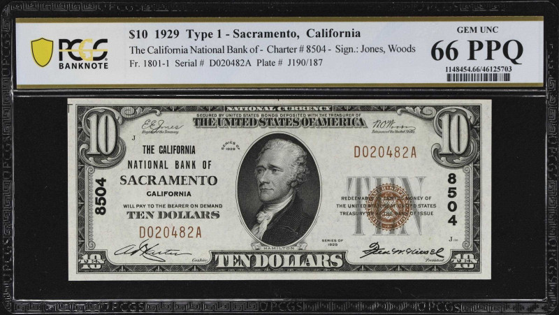 Sacramento, California. $10 1929 Ty. 1. Fr. 1801-1. The California NB. Charter #...