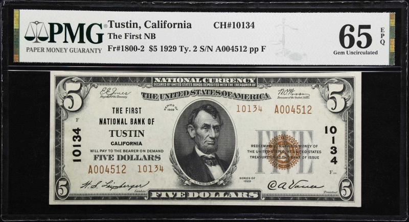 Tustin, California. $5 1929 Ty. 2. Fr. 1800-2. The First NB. Charter #10134. PMG...