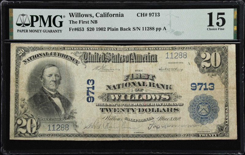 Willows, California. $20 1902 Plain Back. Fr. 653. The First NB. Charter #9713. ...