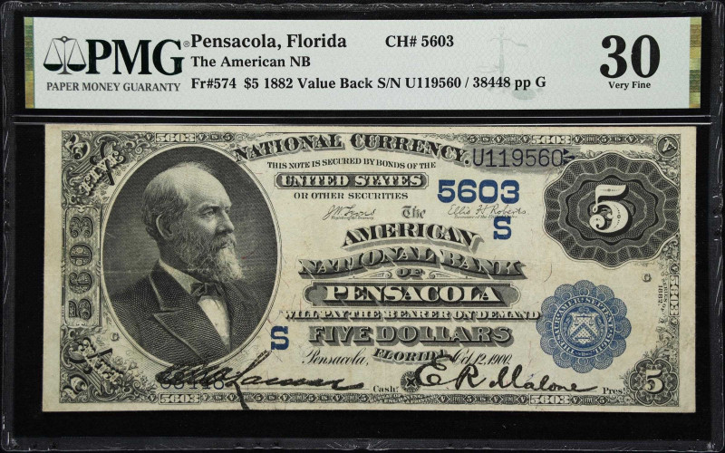 Pensacola, Florida. $5 1882 Value Back. Fr. 574. The American NB. Charter #5603....