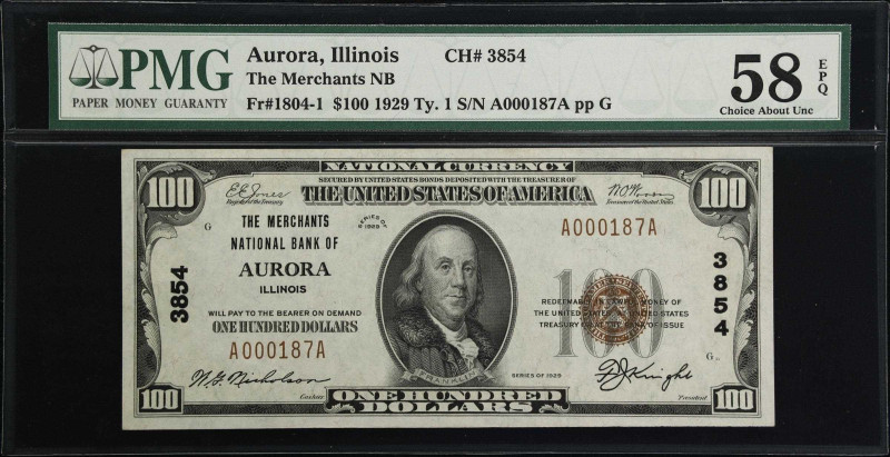 Aurora, Illinois. $100 1929 Ty. 1. Fr. 1804-1. The Merchants NB. Charter #3854. ...