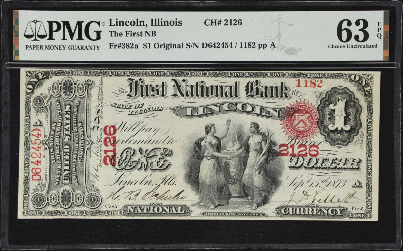 Lincoln, Illinois. $1 Original. Fr. 382a. The First NB. Charter #2126. PMG Choic...