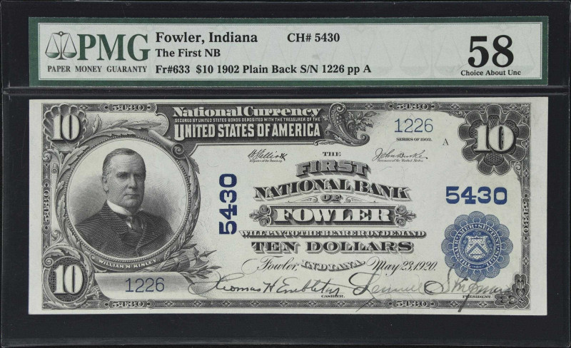 Cut Sheet of (4) Fowler, Indiana. $10 & $20 1902 Plain Back. The First NB. Chart...