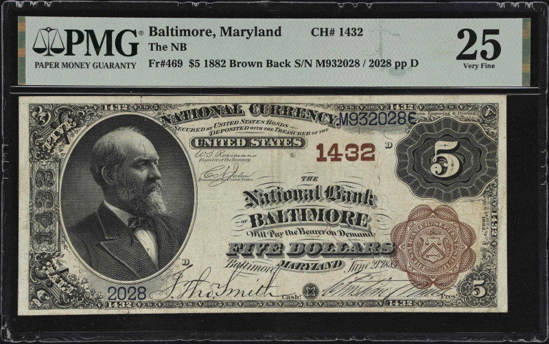 Baltimore, Maryland. $5 1882 Brown Back. Fr. 469. The NB. Charter #1432. PMG Ver...