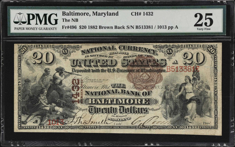 Baltimore, Maryland. $20 1882 Brown Back. Fr. 496. The NB. Charter #1432. PMG Ve...