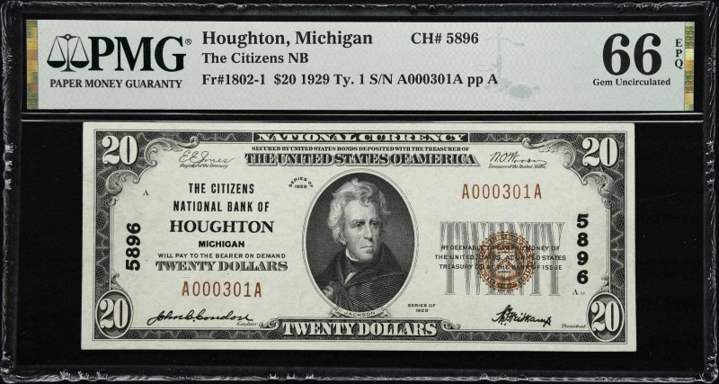 Houghton, Michigan. $20 1929 Ty. 1. Fr. 1802-1. The Citizens NB. Charter #5896. ...