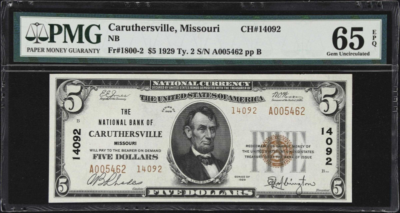 Caruthersville, Missouri. $5 1929 Ty. 2. Fr. 1800-2. The NB. Charter #14092. PMG...