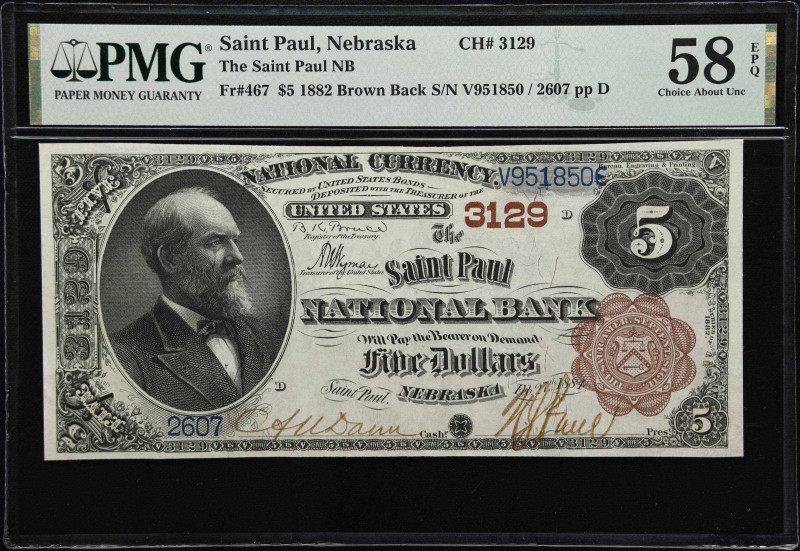 Saint Paul, Nebraska. $5 1882. Brown Back. Fr. 467. The Saint Paul NB. Charter #...