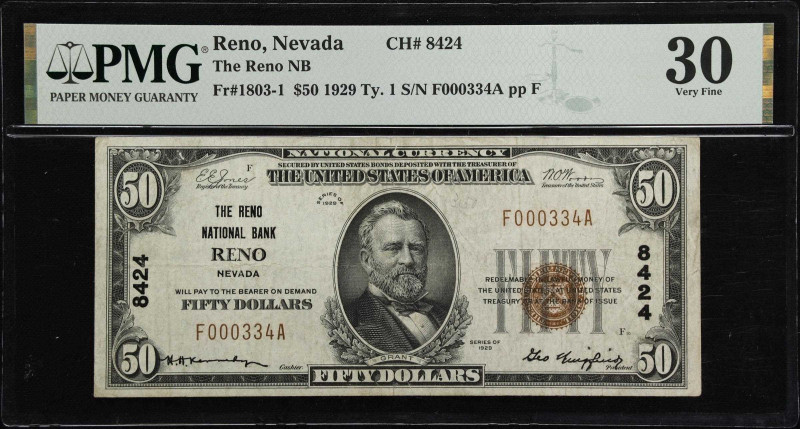 Reno, Nevada. $50 1929 Ty. 1. Fr. 1803-1. The Reno NB. Charter #8424. PMG Very F...