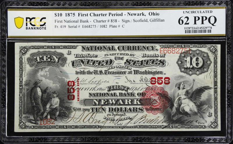 Newark, Ohio. $10 1875. Fr. 419. The First NB. Charter #858. PCGS Banknote Uncir...