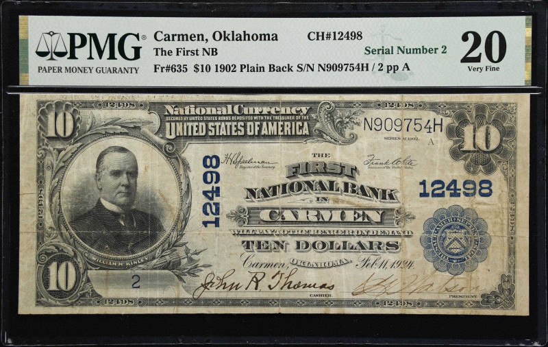 Carmen, Oklahoma. $10 1902 Plain Back. Fr. 635. The First NB. Charter #12498. PM...