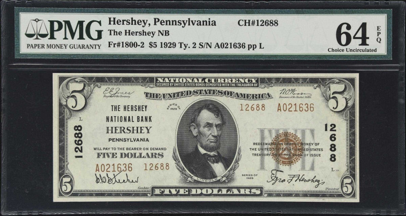 Hershey, Pennsylvania. $5 1929 Ty. 2. Fr. 1800-2. The Hershey NB. Charter #12688...