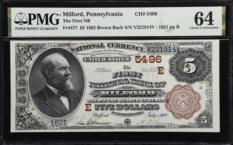 Milford, Pennsylvania. $5 1882 Brown Back. Fr. 477. The First NB. Charter #5496....