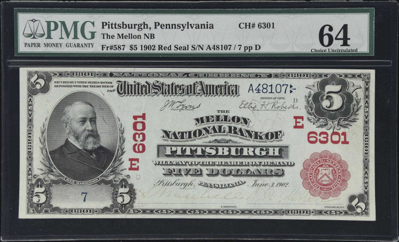 Pittsburgh, Pennsylvania. $5 1902 Red Seal. Fr. 587. The Mellon NB. Charter #630...