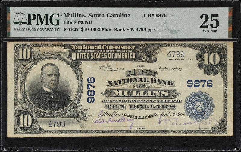 Mullins, South Carolina. $10 1902 Plain Back. Fr. 627. The First NB. Charter #98...