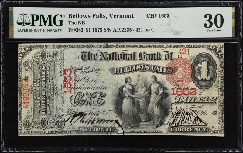 Bellows Falls, Vermont. $1 1875. Fr. 383. The NB. Charter #1653. PMG Very Fine 3...