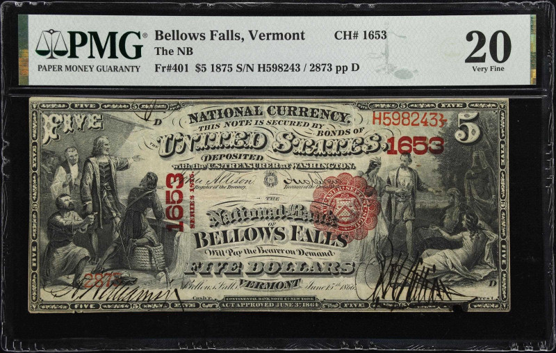 Bellows Falls, Vermont. $5 1875. Fr. 401. The NB. Charter #1653. PMG Very Fine 2...