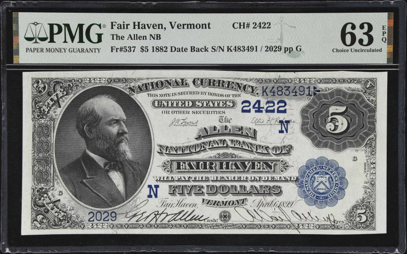 Fair Haven, Vermont. $5 1882 Date Back. Fr. 537. The Allen NB. Charter #2422. PM...