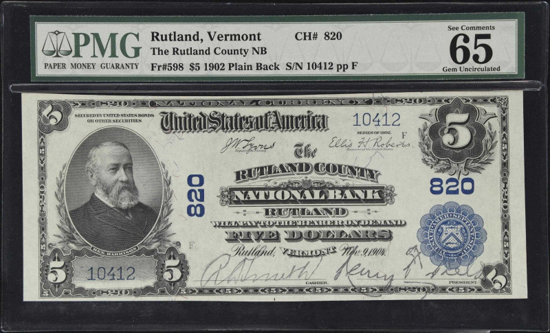 Rutland, Vermont. $5 1902 Plain Back. Fr. 598. The Rutland County NB. Charter #8...