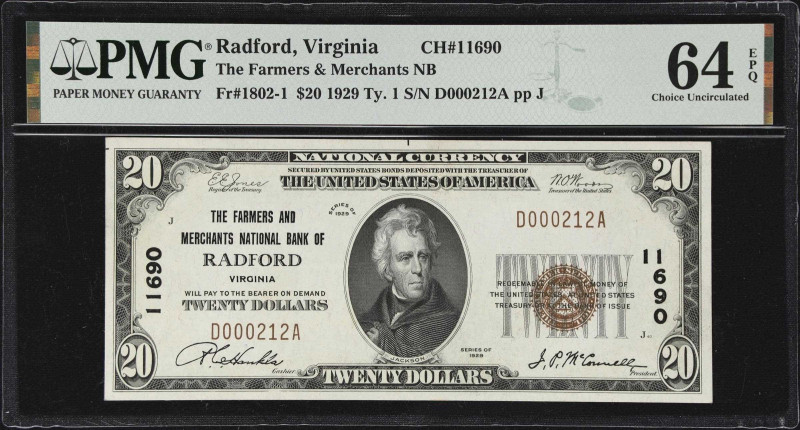 Radford, Virginia. $20 1929 Ty. 1. Fr. 1802-1. The Farmers & Merchants NB. Chart...