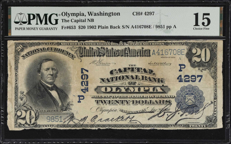 Olympia, Washington. $20 1902 Plain Back. Fr. 653. The Capital NB. Charter #4297...