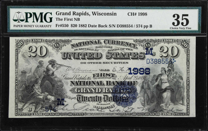 Grand Rapids, Wisconsin. $20 1882 Date Back. Fr. 550. The First NB. Charter #199...