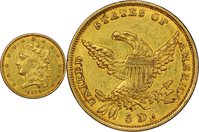 1834 Classic Head Half Eagle. HM-6. Rarity-4. Plain 4. AU-58 (PCGS). CAC.

A l...