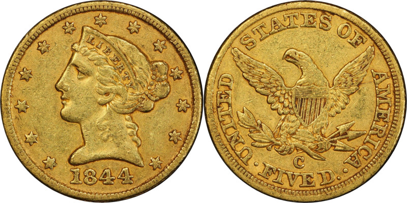 1844-C Liberty Head Half Eagle. Winter-1, the only known dies. Die State II. EF-...