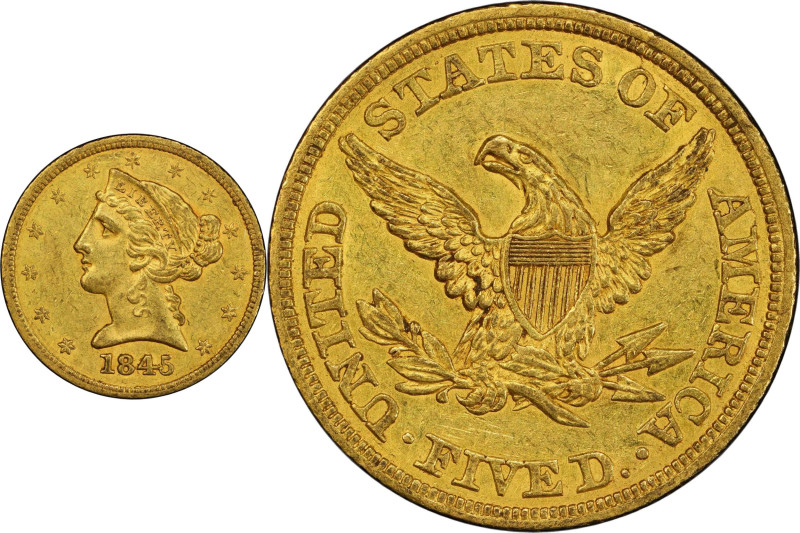 1845 Liberty Head Half Eagle. AU-58 (PCGS). CAC.

A sharply struck and richly ...