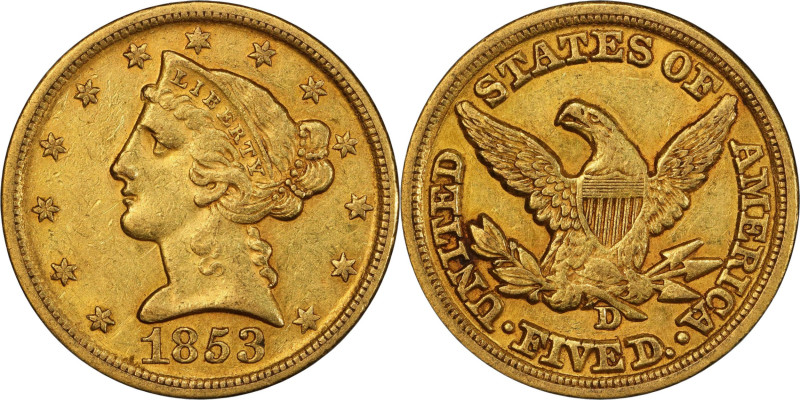 1853-D Liberty Head Half Eagle. Winter 35-AA. Large D. AU-53 (PCGS).

Blended ...