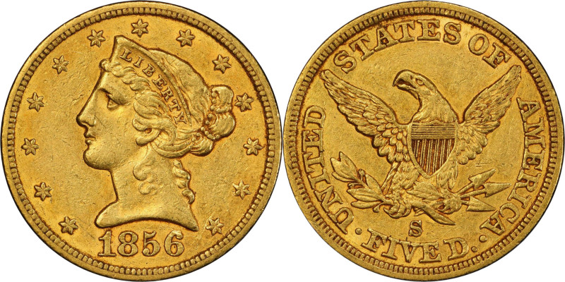 1856-S Liberty Head Half Eagle. AU-58 (PCGS). CAC.

Beautiful honey-rose and d...