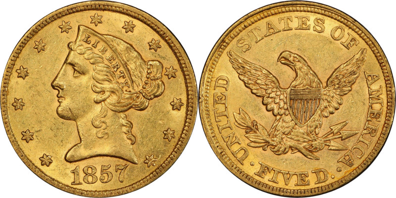 1857 Liberty Head Half Eagle. AU-58 (PCGS). CAC.

Fully struck with thick sati...