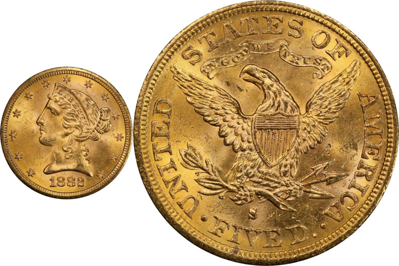 1882-S Liberty Head Half Eagle. MS-64+ (PCGS). CAC.

Impressive quality on a n...