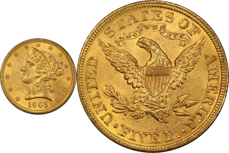 1905 Liberty Head Half Eagle. MS-64+ (PCGS). CAC.

Beautiful orange-gold surfa...