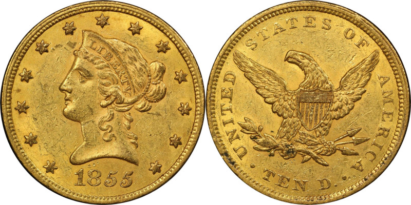 1855 Liberty Head Eagle. MS-61 (PCGS). CAC.

Sharply defined in most areas, th...