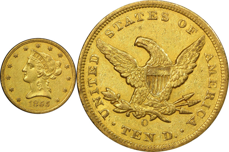 1855-O Liberty Head Eagle. Winter-1, the only known dies. EF-45 (PCGS). CAC.

...