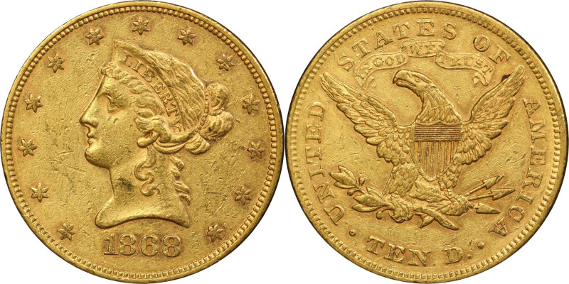 1868 Liberty Head Eagle. AU-53 (PCGS).

This notable condition rarity is one o...