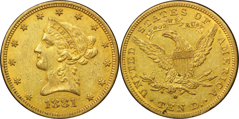 1881-O Liberty Head Eagle. Winter-1, the only known dies. AU-55 (PCGS).

Rich ...